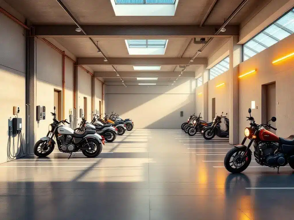 Moderne motorstalling met nette parkeerplaatsen, laadstations, LED-verlichting en zonnepanelen door dakramen