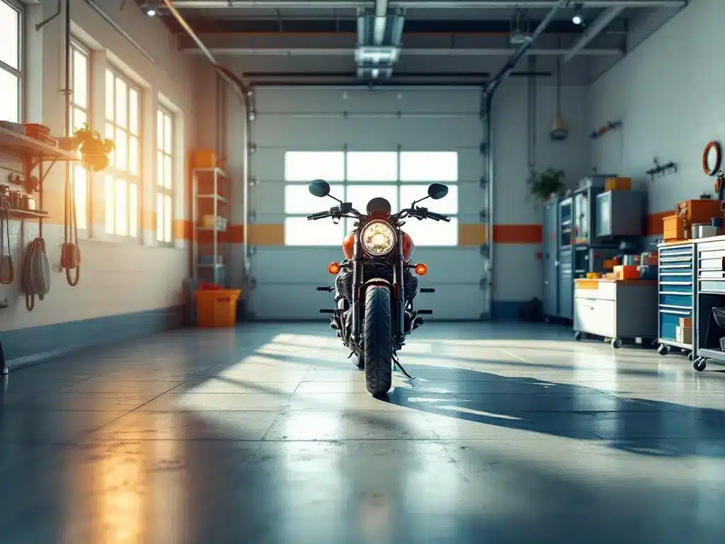Motorfiets in heldere, professionele opslagruimte met natuurlijk licht en georganiseerde werkruimte voor veilige bewaring
