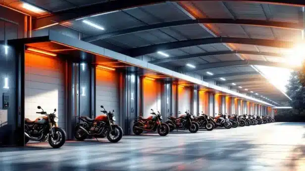 Moderne overdekte motorstalling met netjes geparkeerde motoren in schone, goed verlichte opslagunits met oranje en blauwe accenten.