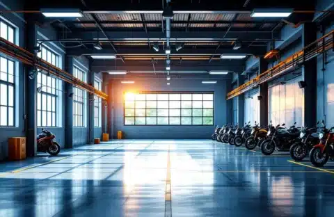 Moderne overdekte motorstalling met goed verlichte parkeerplaatsen, verschillende motoren netjes geparkeerd in veilige ruimte