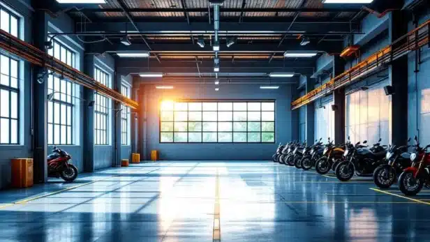 Moderne overdekte motorstalling met goed verlichte parkeerplaatsen, verschillende motoren netjes geparkeerd in veilige ruimte