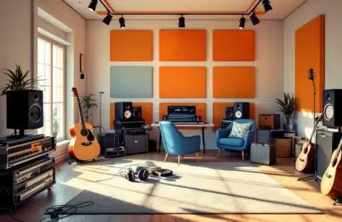 Professionele muziekstudio met moderne opnameapparatuur, gitaar, mengpaneel en warme natuurlijke verlichting