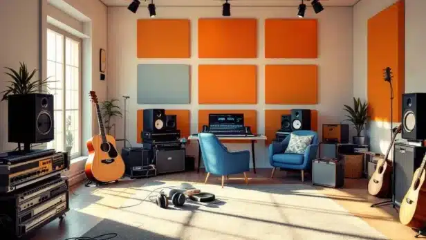 Professionele muziekstudio met moderne opnameapparatuur, gitaar, mengpaneel en warme natuurlijke verlichting