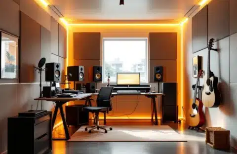 Moderne muziekstudio in opslageenheid met mengpaneel, monitoren, microfoons en gitaren aan de muur