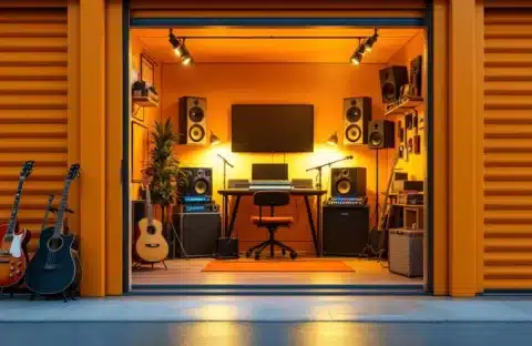 Moderne opslagruimte omgebouwd tot professionele muziekstudio met mengpaneel, instrumenten en warme verlichting
