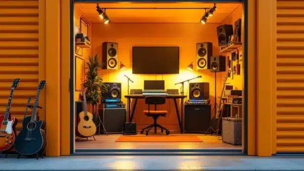 Moderne opslagruimte omgebouwd tot professionele muziekstudio met mengpaneel, instrumenten en warme verlichting