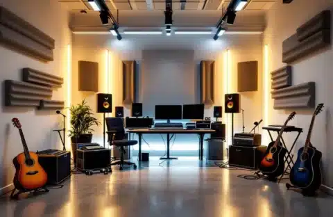 Moderne muziekstudio in opslageenheid met mixpaneel, monitoren, microfoons, gitaren en akoestische panelen