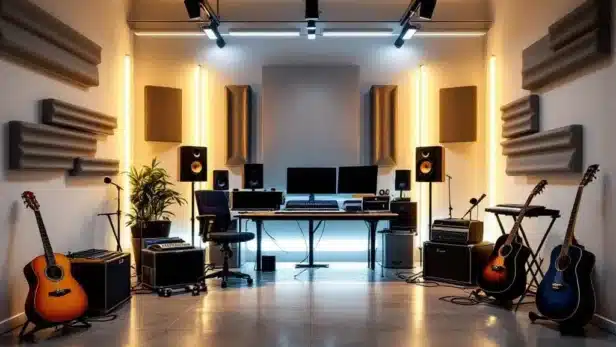 Moderne muziekstudio in opslageenheid met mixpaneel, monitoren, microfoons, gitaren en akoestische panelen