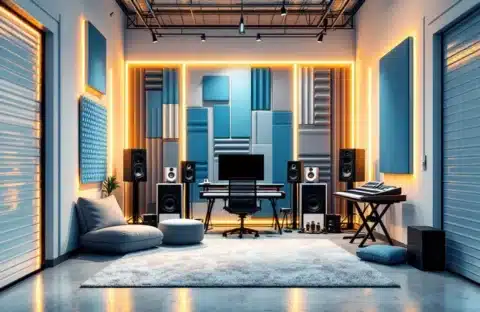Opslag unit wordt omgetoverd tot professionele muziekstudio met akoestische panelen, keyboards en speakers