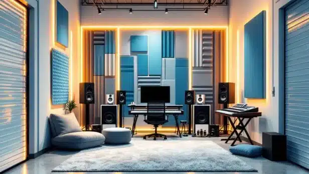 Opslag unit wordt omgetoverd tot professionele muziekstudio met akoestische panelen, keyboards en speakers