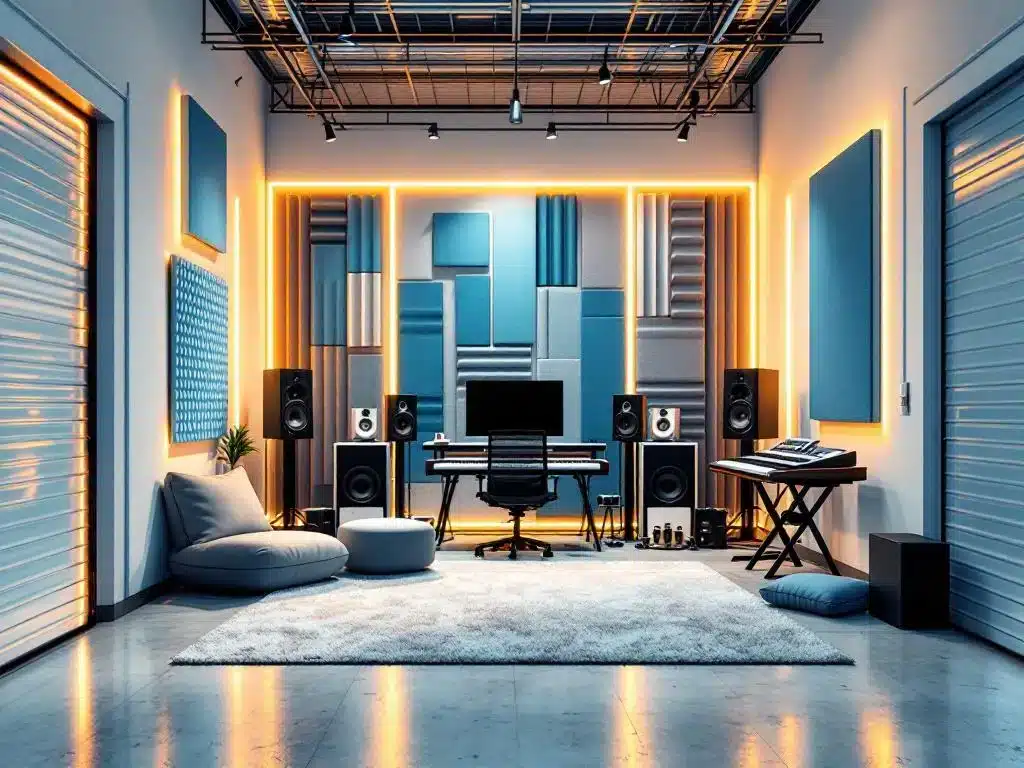 Opslag unit wordt omgetoverd tot professionele muziekstudio met akoestische panelen, keyboards en speakers