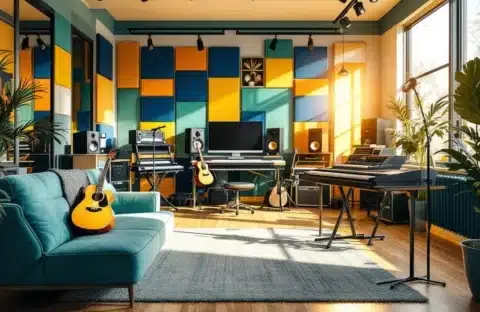 Moderne muziekstudio met natuurlijk licht, professionele apparatuur, instrumenten en akoestische panelen in warme tinten