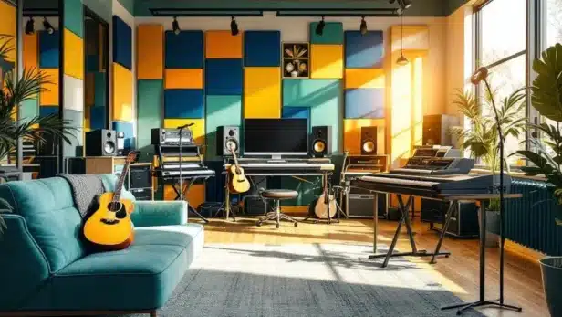 Moderne muziekstudio met natuurlijk licht, professionele apparatuur, instrumenten en akoestische panelen in warme tinten