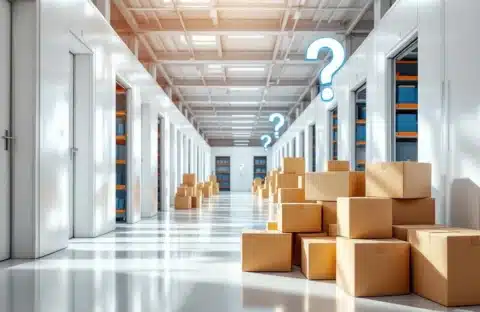Moderne opslagfaciliteit met witte units, georganiseerde stellingen en gestapelde dozen voor e-commerce inventory