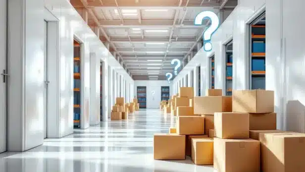 Moderne opslagfaciliteit met witte units, georganiseerde stellingen en gestapelde dozen voor e-commerce inventory