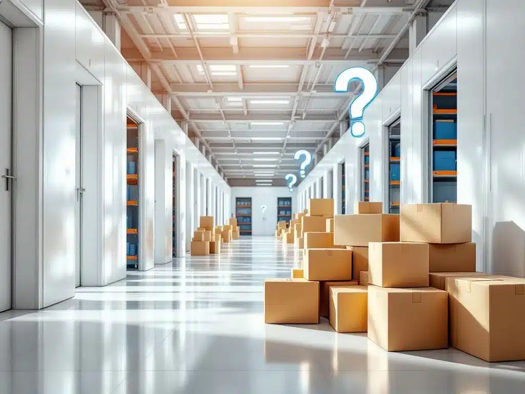 Moderne opslagfaciliteit met witte units, georganiseerde stellingen en gestapelde dozen voor e-commerce inventory