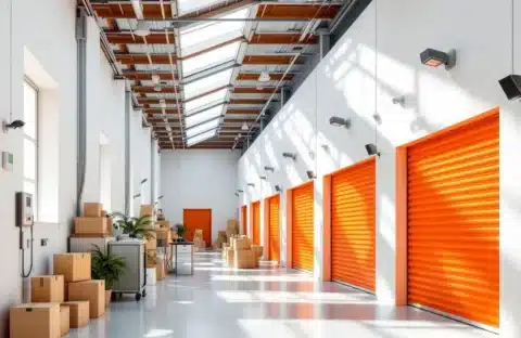 Moderne opslagfaciliteit met oranje roldeuren, gestapelde verhuisdozen en heldere verlichting in schone witte ruimte