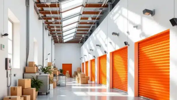Moderne opslagfaciliteit met oranje roldeuren, gestapelde verhuisdozen en heldere verlichting in schone witte ruimte
