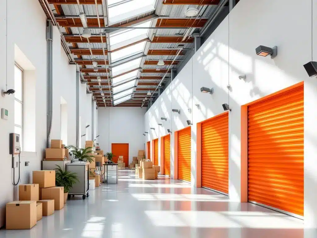 Moderne opslagfaciliteit met oranje roldeuren, gestapelde verhuisdozen en heldere verlichting in schone witte ruimte