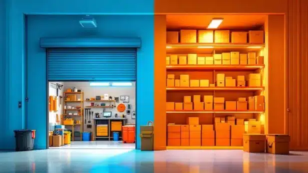 Moderne garage en traditionele opslagruimte met georganiseerde stellingen, gereedschap en beveiligde toegang