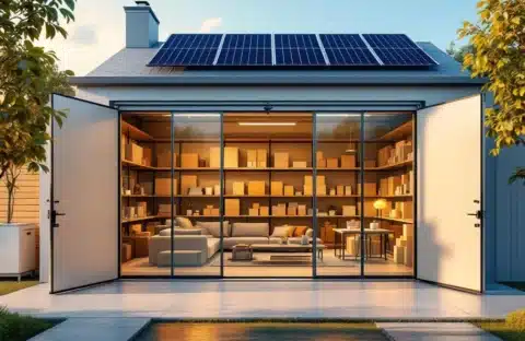 Moderne opslagruimte met netjes georganiseerde meubels, warme verlichting en zonnepanelen op duurzaam opslagbedrijf