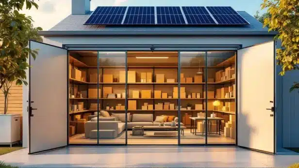 Moderne opslagruimte met netjes georganiseerde meubels, warme verlichting en zonnepanelen op duurzaam opslagbedrijf