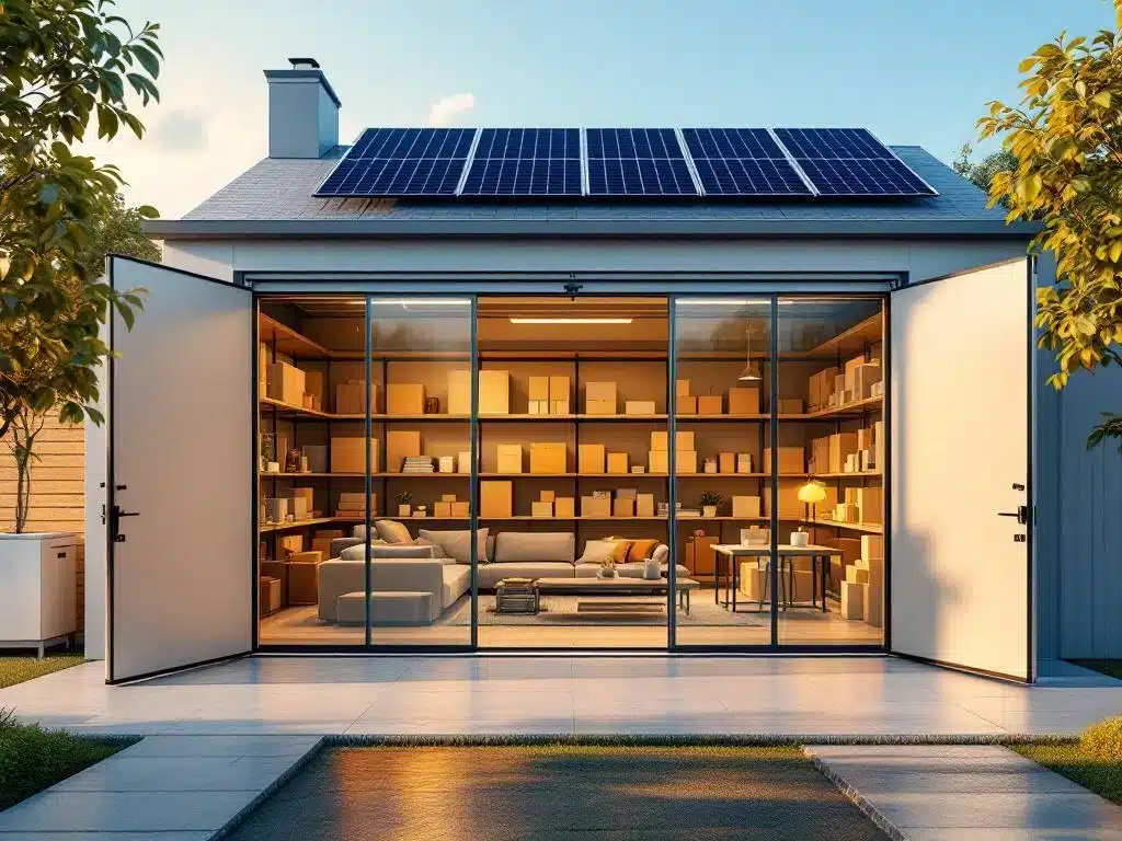 Moderne opslagruimte met netjes georganiseerde meubels, warme verlichting en zonnepanelen op duurzaam opslagbedrijf