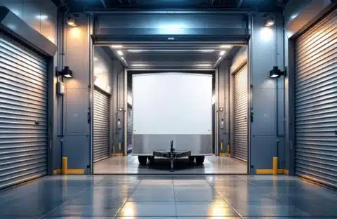 Witte trailer veilig geparkeerd in moderne, goed verlichte opslagunit met beveiligingscamera's en elektronische toegang