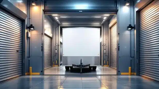 Witte trailer veilig geparkeerd in moderne, goed verlichte opslagunit met beveiligingscamera's en elektronische toegang