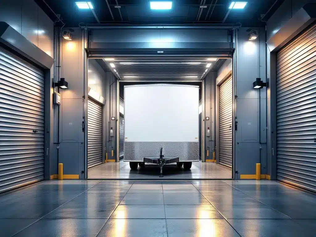 Witte trailer veilig geparkeerd in moderne, goed verlichte opslagunit met beveiligingscamera's en elektronische toegang