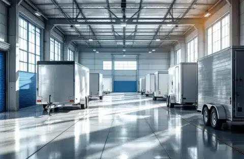 Verschillende trailers netjes gerangschikt in een moderne, goed verlichte opslagfaciliteit met betonnen vloer en ramen.