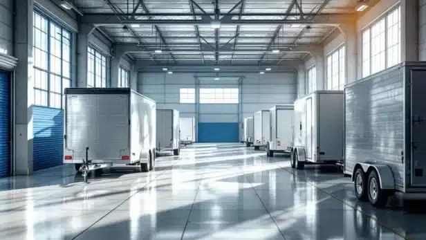 Verschillende trailers netjes gerangschikt in een moderne, goed verlichte opslagfaciliteit met betonnen vloer en ramen.