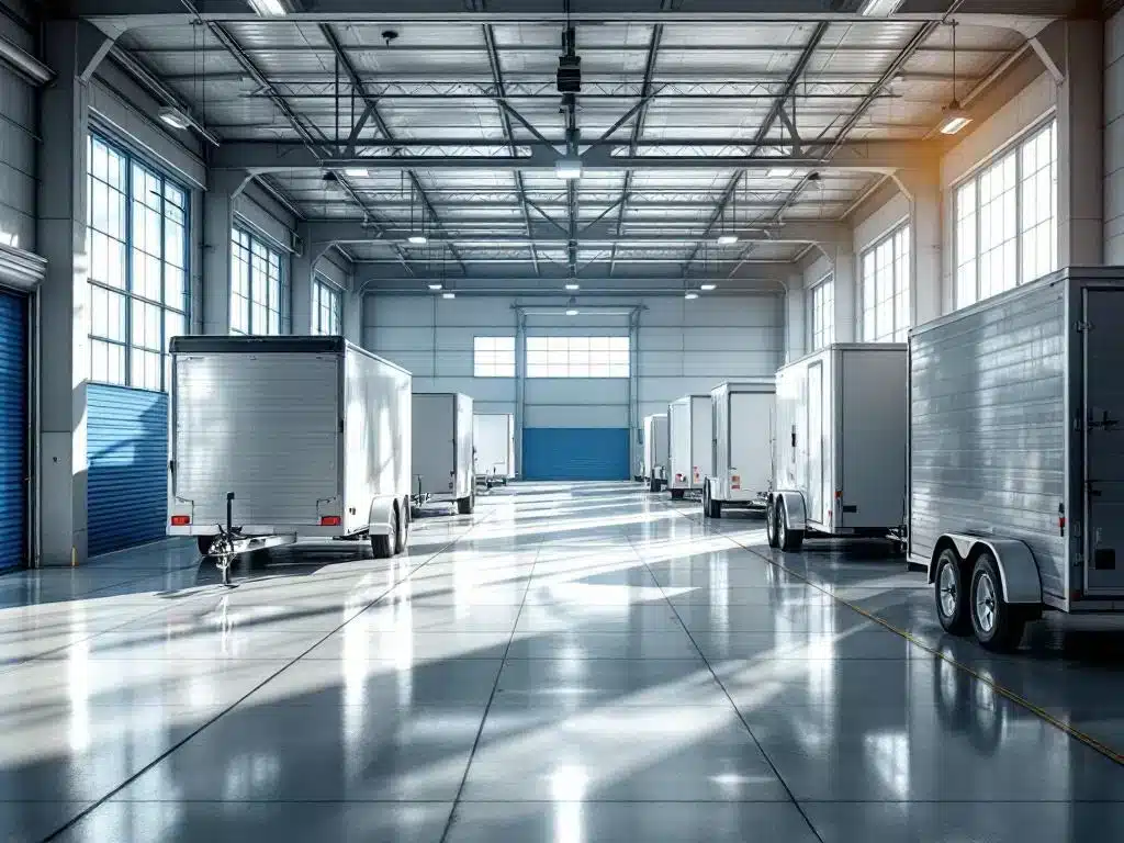 Verschillende trailers netjes gerangschikt in een moderne, goed verlichte opslagfaciliteit met betonnen vloer en ramen.