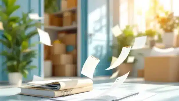 Open opslagruimte met georganiseerde dozen en kleurrijke contractdocumenten die flexibele opslagoplossingen tonen