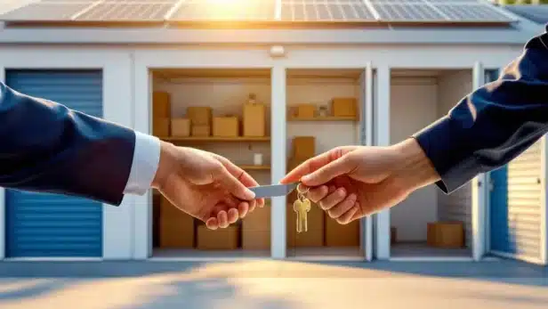 Moderne self-storage faciliteit met open units en handen die sleutels uitwisselen, zonnepanelen op dak