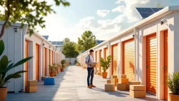Moderne opslagfaciliteit met witte en oranje units waar ondernemer dozen organiseert bij open unit met zonnepanelen