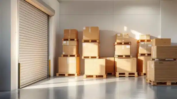 Houten pallets netjes gestapeld in schone, goed verlichte self-storage unit met witte muren en betonnen vloer