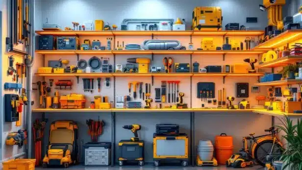 Georganiseerde opslagruimte met professionele installatietools, gereedschap en moderne beveiligingssystemen
