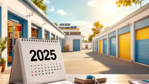 Moderne self-storage faciliteit met 2025 kalender op bureau, opslagsleutels en zonnepanelen onder zonnige hemel