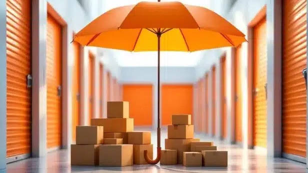 Beschermende paraplu over dozen bij moderne self-storage faciliteit met oranje en blauwe deuren, symboliseert verzekering