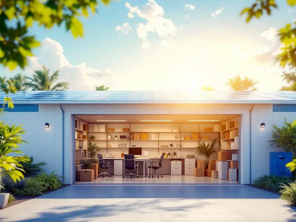 Moderne opslagfaciliteit met zonnepanelen, open unit met georganiseerde werkruimte en groene landschapsarchitectuur